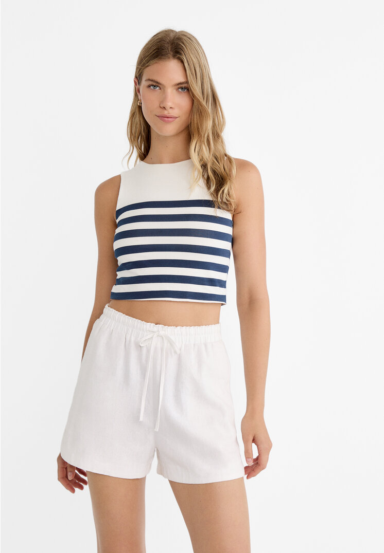Stradivarius T-Shirt ärmellos Baumwolle gestreift Marineblau M