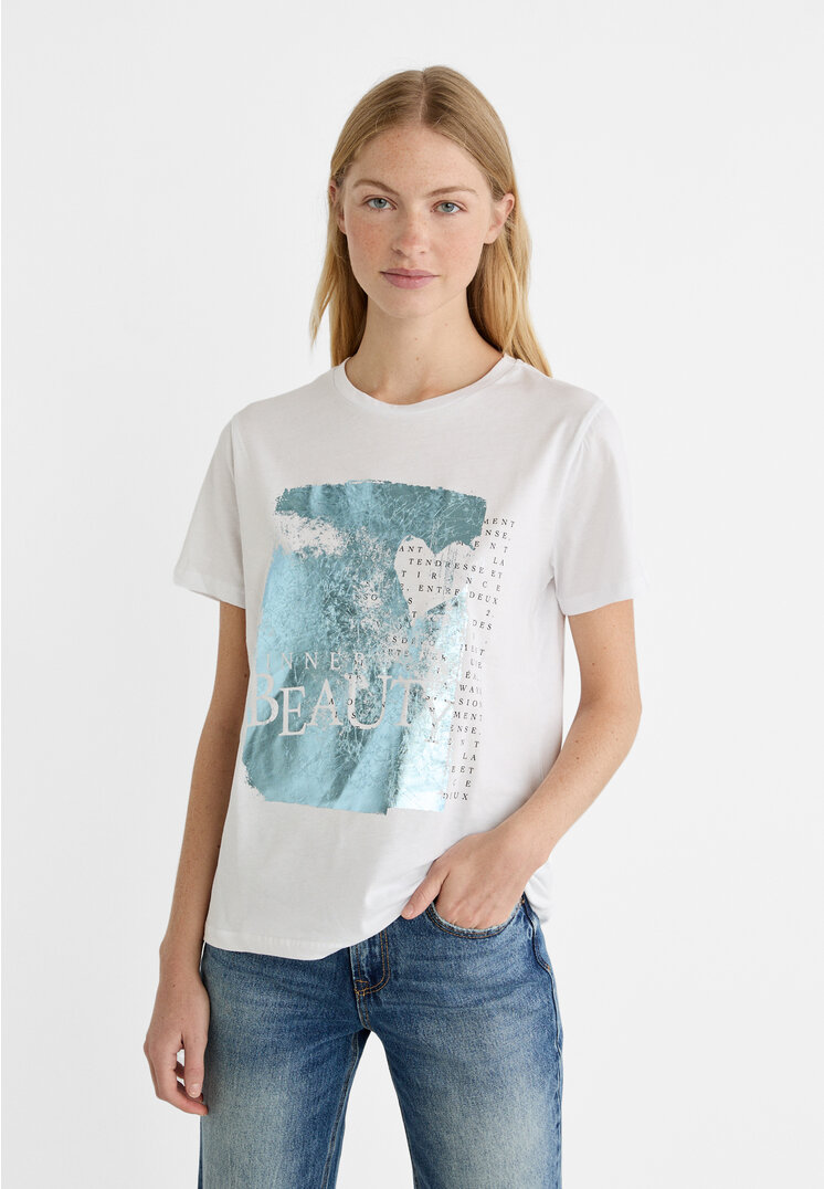 Stradivarius Shirt mit Print und Glitzer Himmelblau L