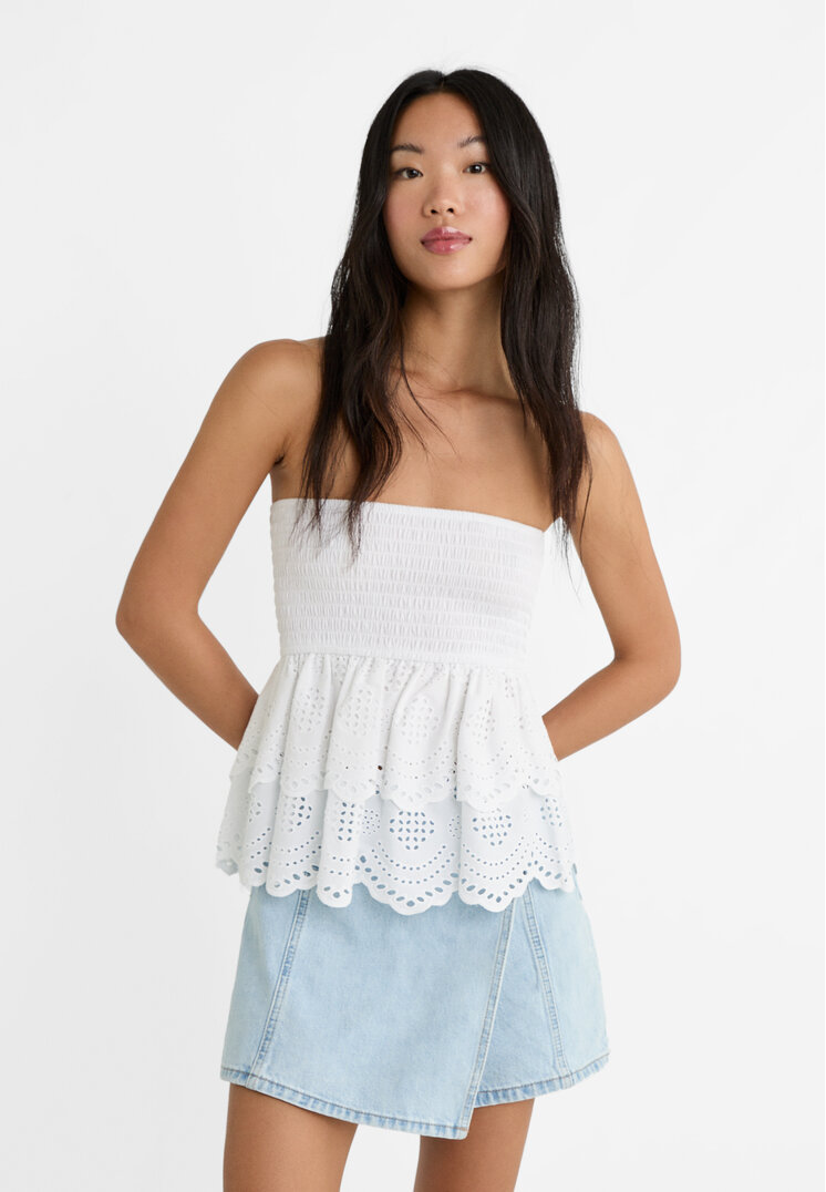Stradivarius Bandeau-Oberteil mit Stickerei Weiß M