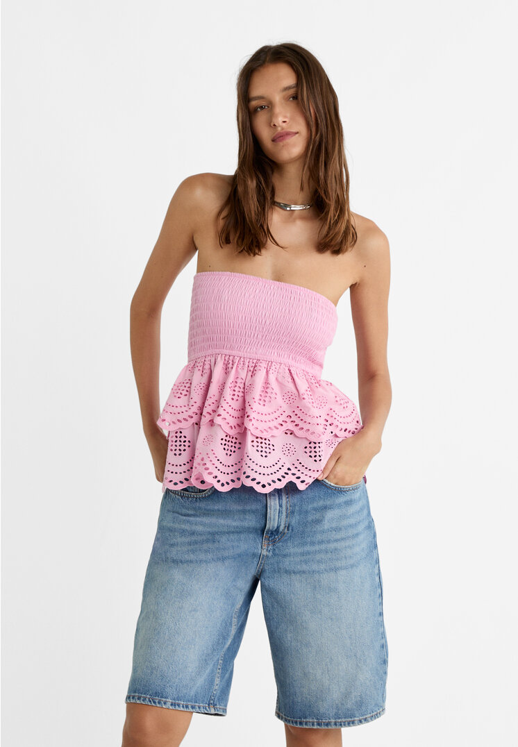 Stradivarius Haftowany top bandeau Cukierkowy róż XS