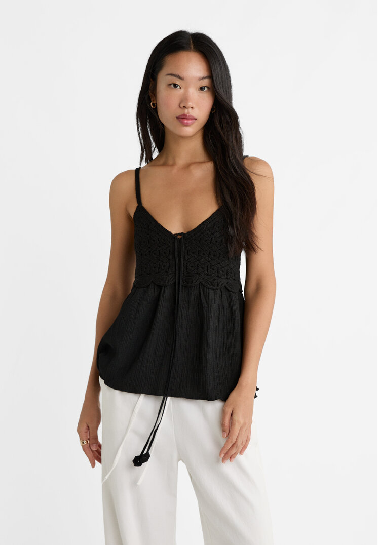 Stradivarius Luźny szydełkowy top Czarny XL