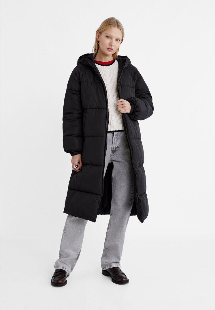Stradivarius Langer Steppmantel Schwarz XL