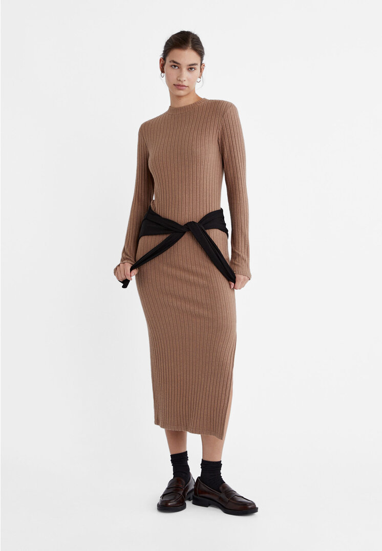 Stradivarius Soft-touch ribbed midi dress  Brown S product