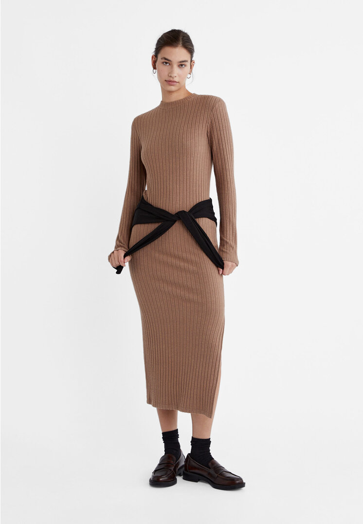 Stradivarius Soft-touch ribbed midi dress  Brown S