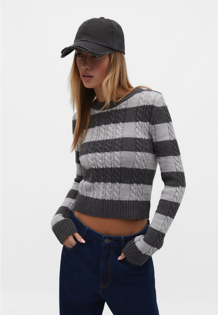 Stradivarius Sweter z warkoczami Szary XS