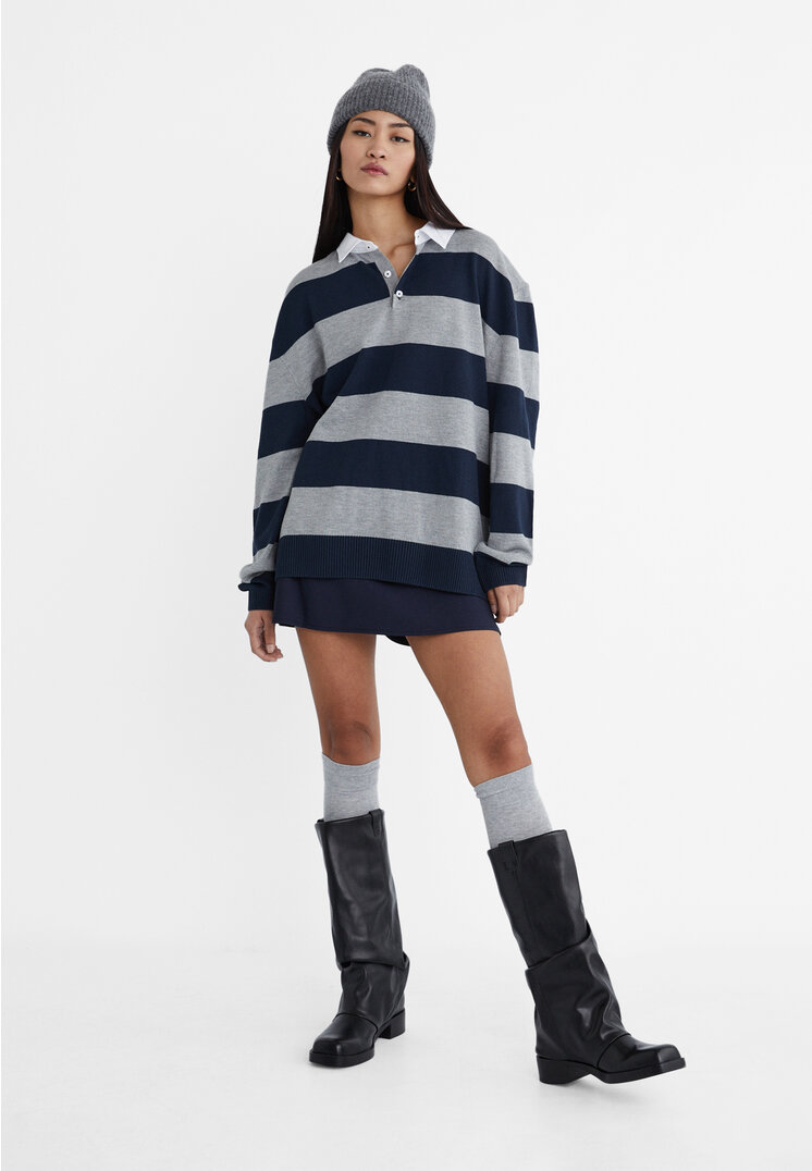 Stradivarius Dzianinowy sweter polo oversize w paski Morski M