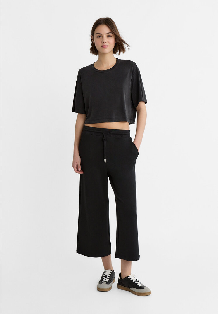 Stradivarius Fließende weiche Culotte-Hose Schwarz XS