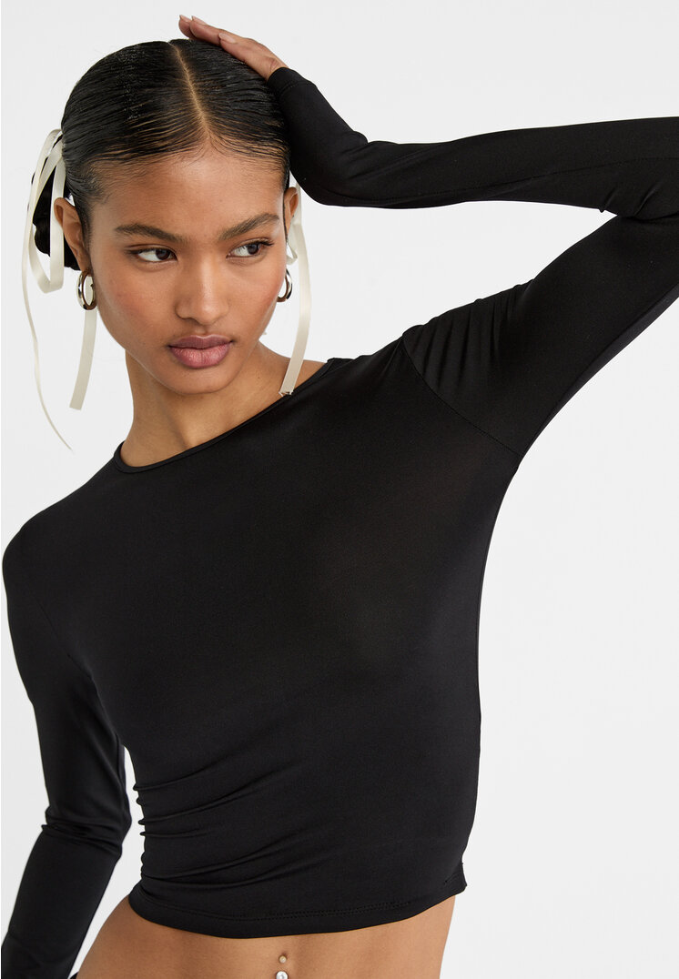 Stradivarius Langarmshirt aus Polyamid Schwarz XS
