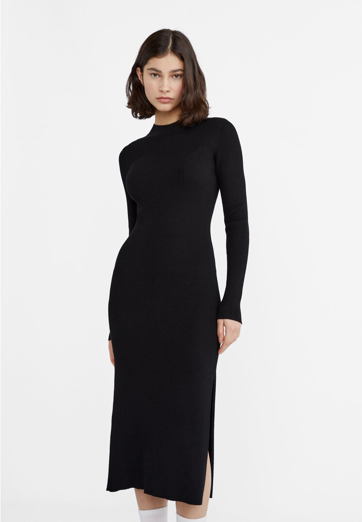Stradivarius Strick-Midikleid mit geripptem Stehkragen Schwarz XS
