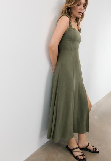 Keten görünümlü çapraz sırtlı midi elbise - Görsel 16