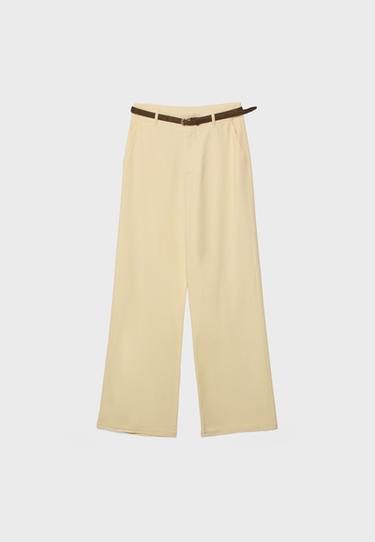 Kemerli, keten görünümlü düz paça pantolon - Görsel 3