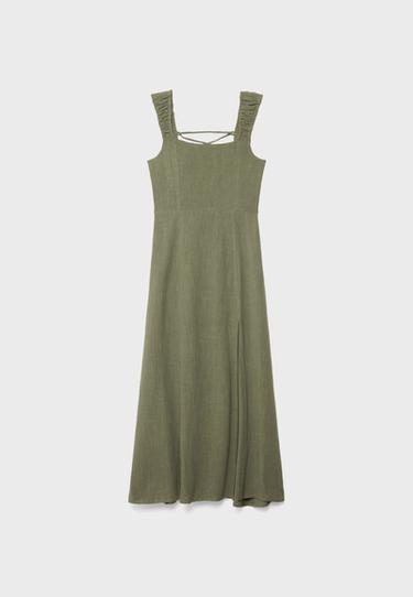 Keten görünümlü çapraz sırtlı midi elbise - Görsel 15