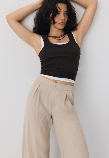 Keten görünümlü culotte pantolon - Görsel 12