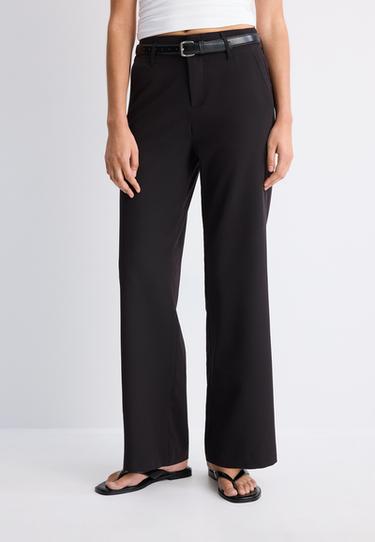 Düz kesim dökümlü kemerli pantolon - Görsel 11