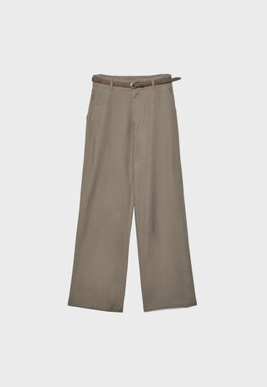 Kemerli, keten görünümlü düz paça pantolon - Görsel 4