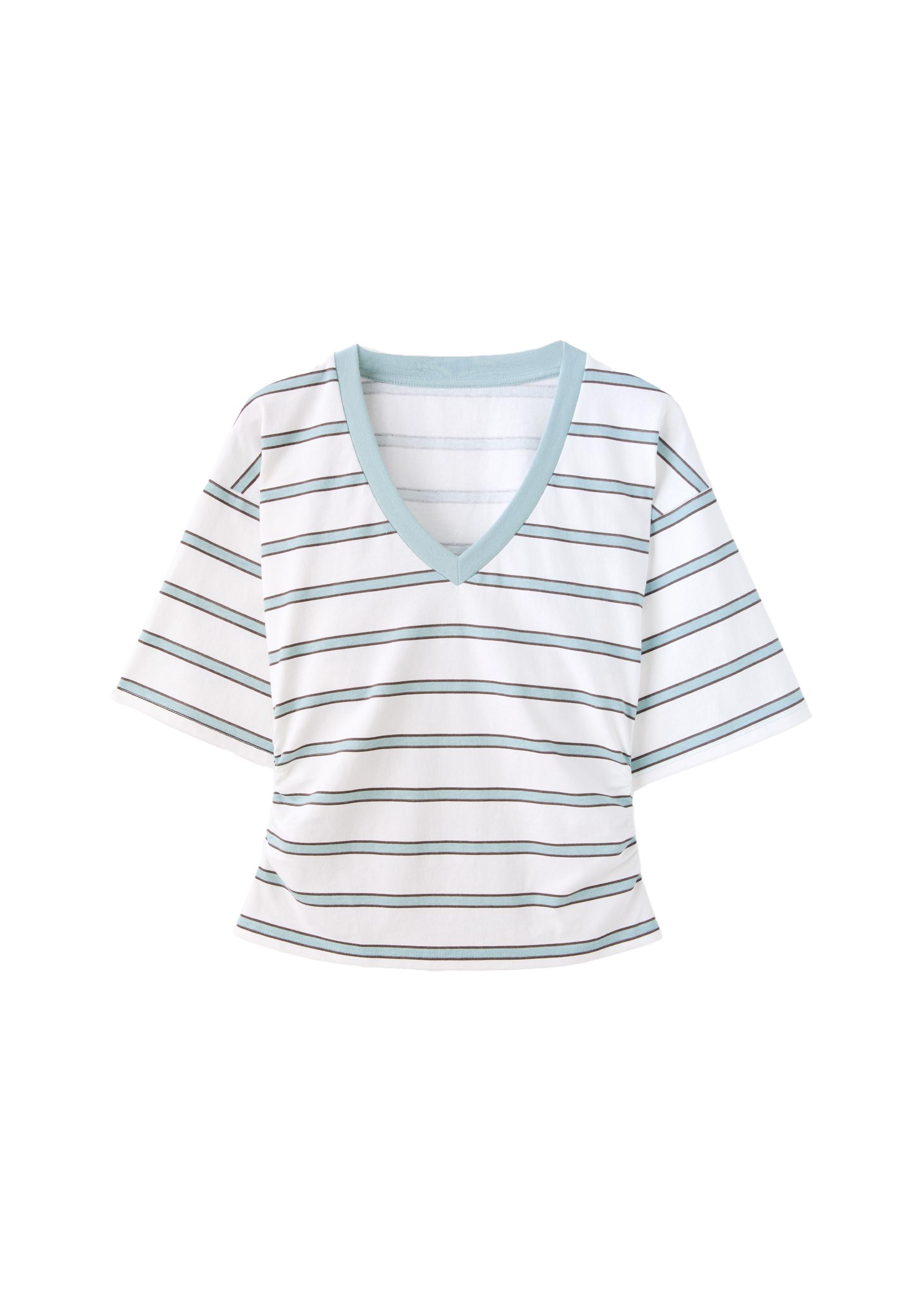 T-shirt a righe con scollo a V e maniche giapponesi