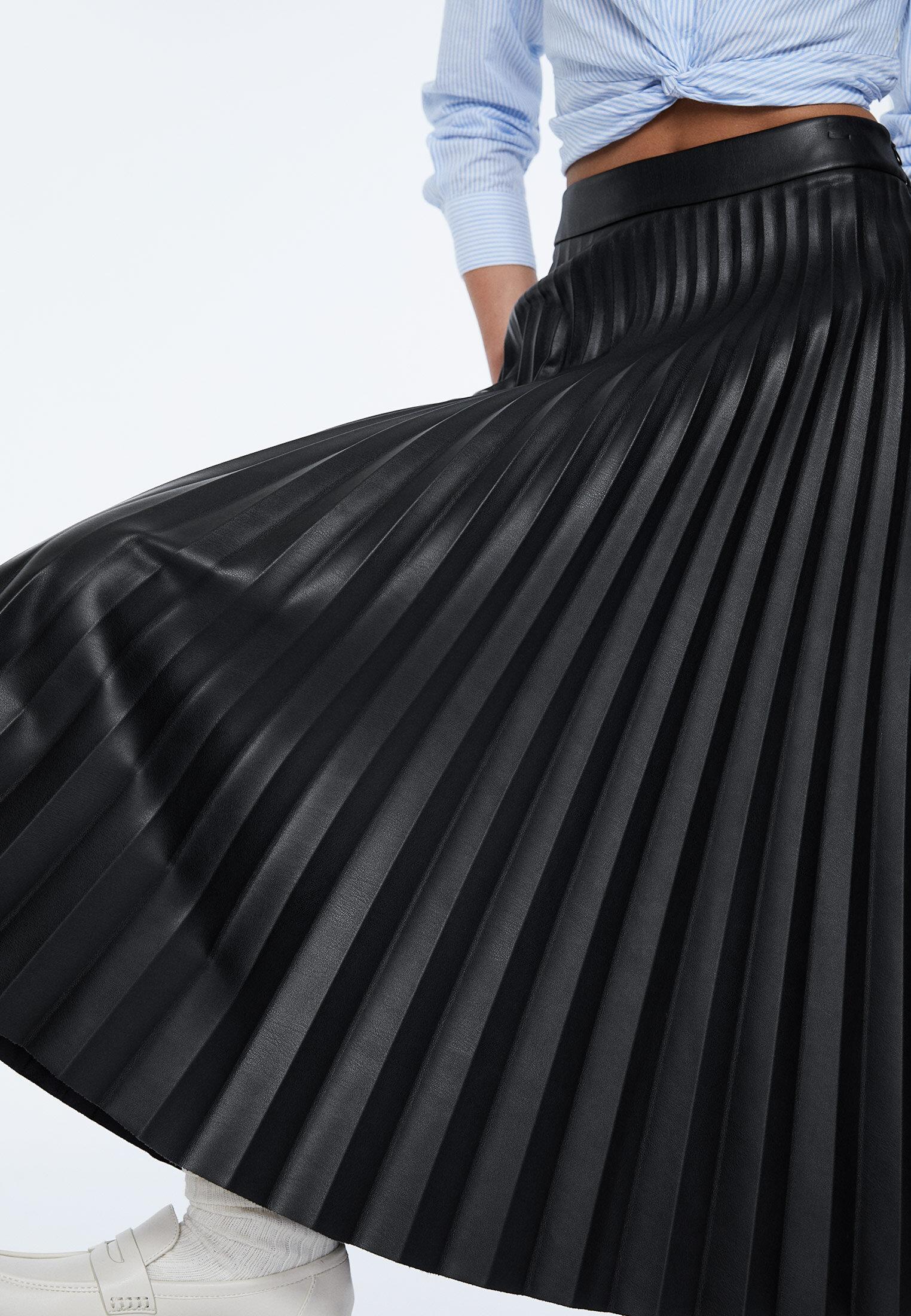 Pleated faux leather midi skirt - Women's fashion Pleated faux leather midi skirt - Women's fashion