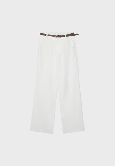 Kemerli, keten görünümlü düz paça pantolon - Görsel 2