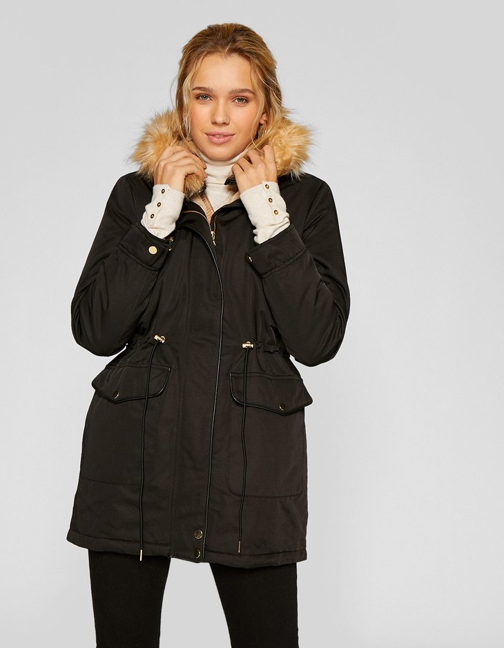 stradivarius parka jacket with fur hood