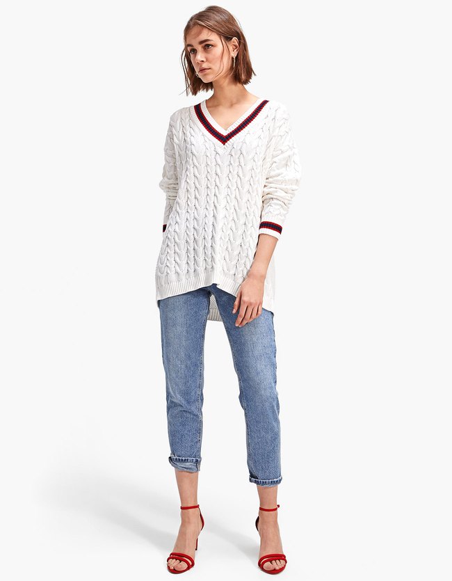 Stradivarius Chunky Cable Knit Varsity Jumper at £29.99 | love the brands