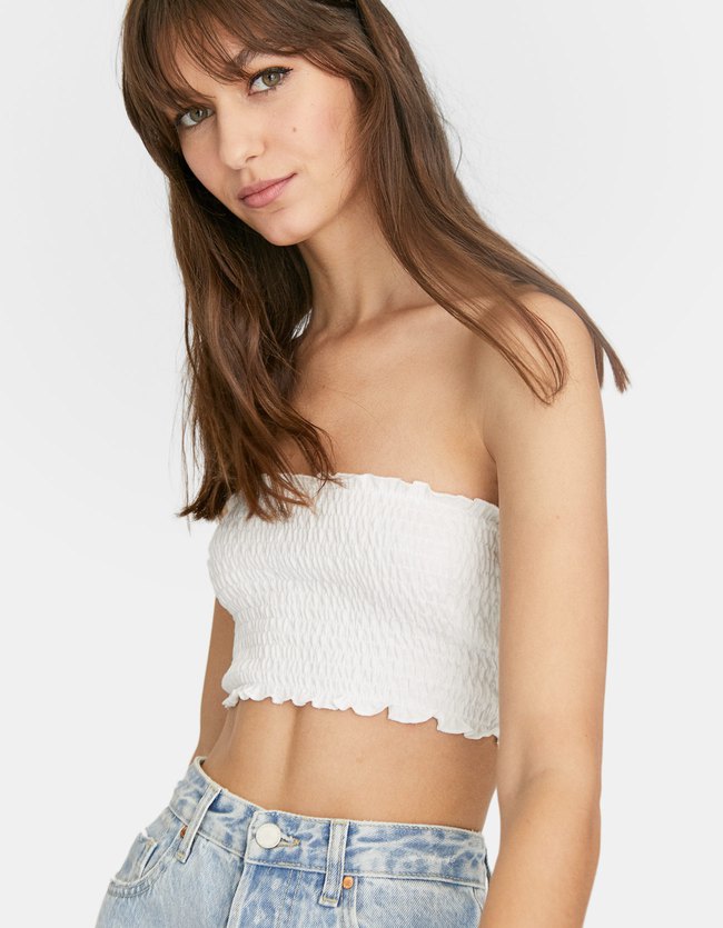 Stradivarius Top Bandeau Fruncido Liso Dames Wit stradivarius kopen in de aanbieding