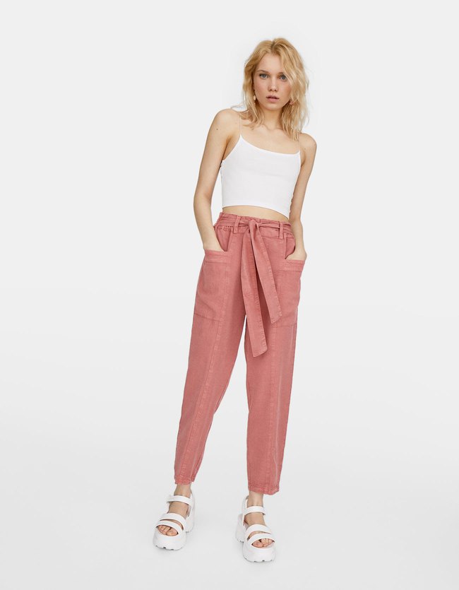 Stradivarius Tencel Baggy Broek Met Zakken Dames Donkerfuchsia stradivarius kopen in de aanbieding
