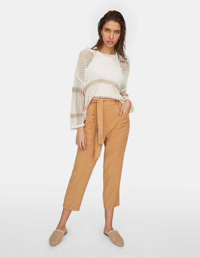 Stradivarius Tencel Baggy Broek Met Zakken Dames Beige stradivarius kopen in de aanbieding