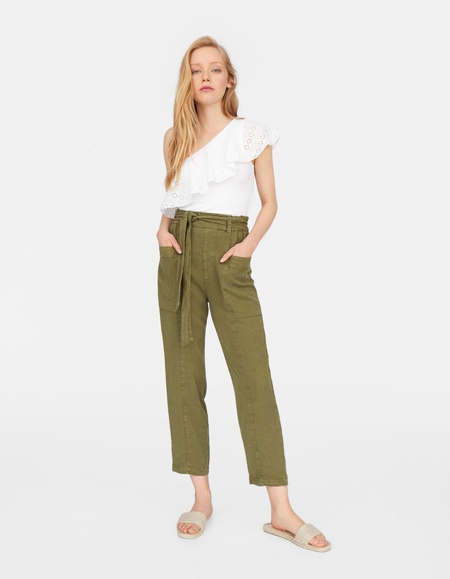 Stradivarius Tencel Baggy Broek Met Zakken Dames Kaki Xs stradivarius kopen in de aanbieding