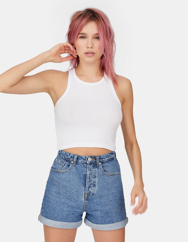 Stradivarius Mom Fit Short Dames Middenjeans 34 stradivarius kopen in de aanbieding