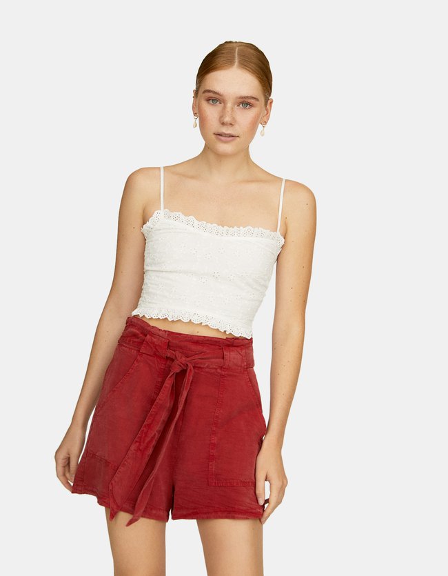 Stradivarius Tencel Short Met Strikband Dames Donkerrood stradivarius kopen in de aanbieding