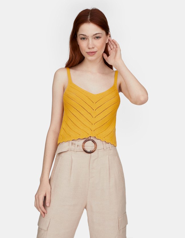 Stradivarius Crochet Top Met Geschulpte Rand Dames Mosterd stradivarius kopen in de aanbieding Stradivarius Crochet Top Met Geschulpte Rand Dames Mosterd stradivarius kopen in de aanbieding