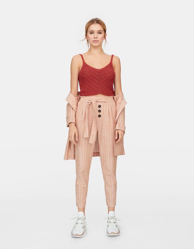 Stradivarius Crochet Top Met Geschulpte Rand Dames Terracotta stradivarius kopen in de aanbieding