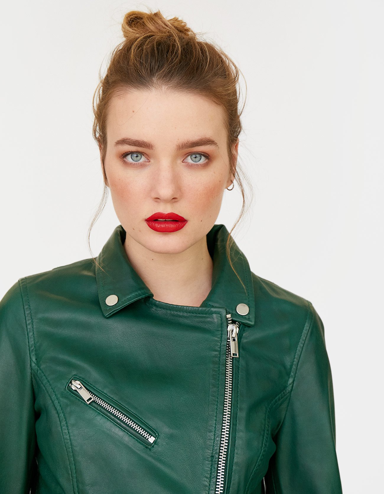 stradivarius green leather jacket