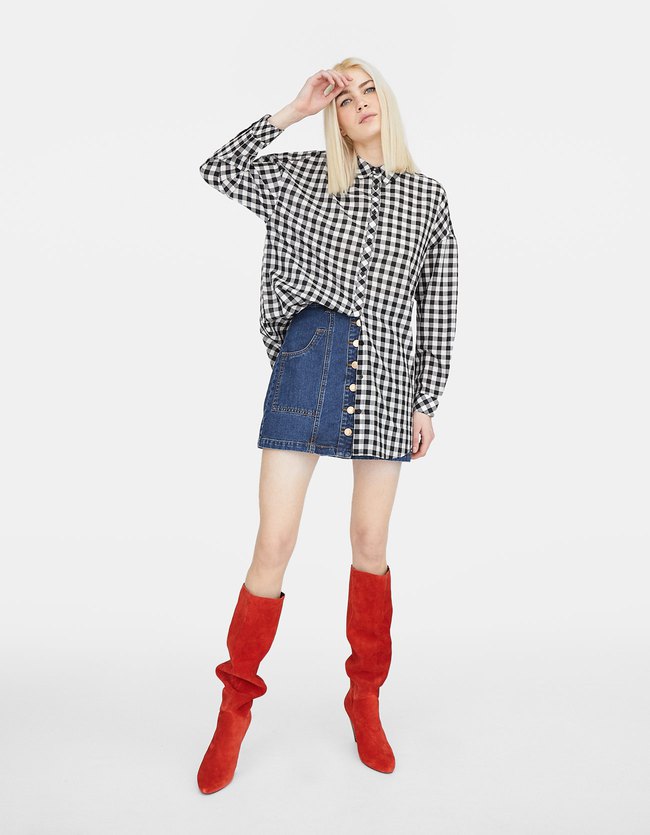 Stradivarius Oversized Geruite Overhemdblouse Dames Zwart stradivarius kopen in de aanbieding