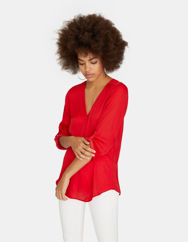 Stradivarius T Shirt Met 34 Mouw En V Hals Dames Rood Xl stradivarius kopen in de aanbieding