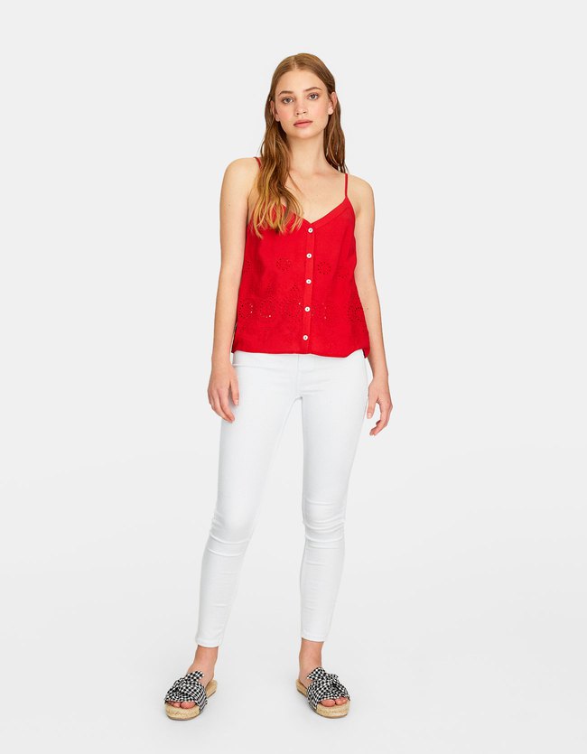 Stradivarius Broderie Schouderbandjes Top Dames Rood stradivarius kopen in de aanbieding