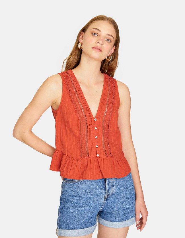 Stradivarius Mouwloos Bloesje Met Crochet Dames Terracotta Xs stradivarius kopen in de aanbieding