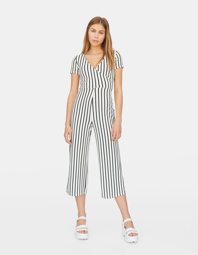 Stradivarius Gestreepte Culotte Jumpsuit Dames Ecru stradivarius kopen in de aanbieding