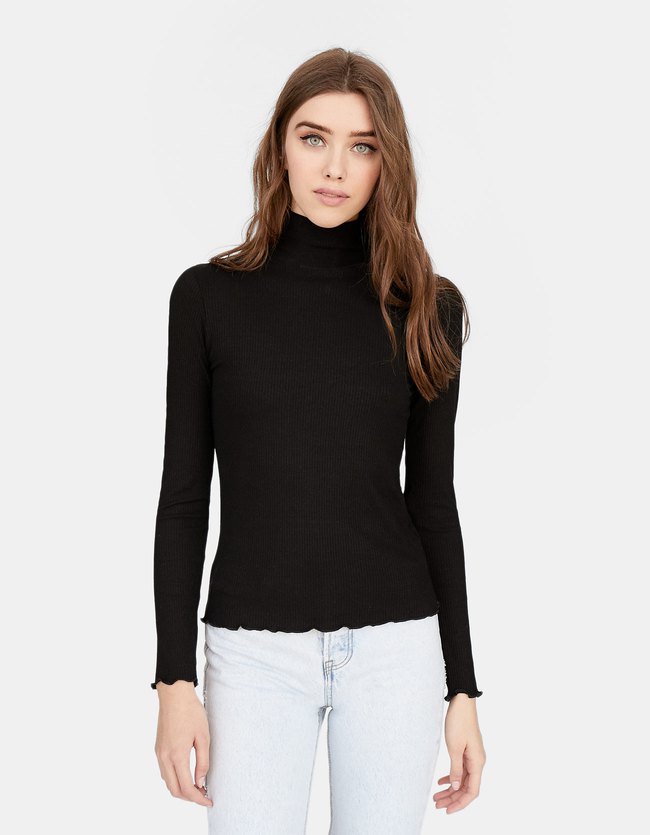 Stradivarius T Shirt Met Hoge Kraag En Krulbies Dames Zwart stradivarius kopen in de aanbieding