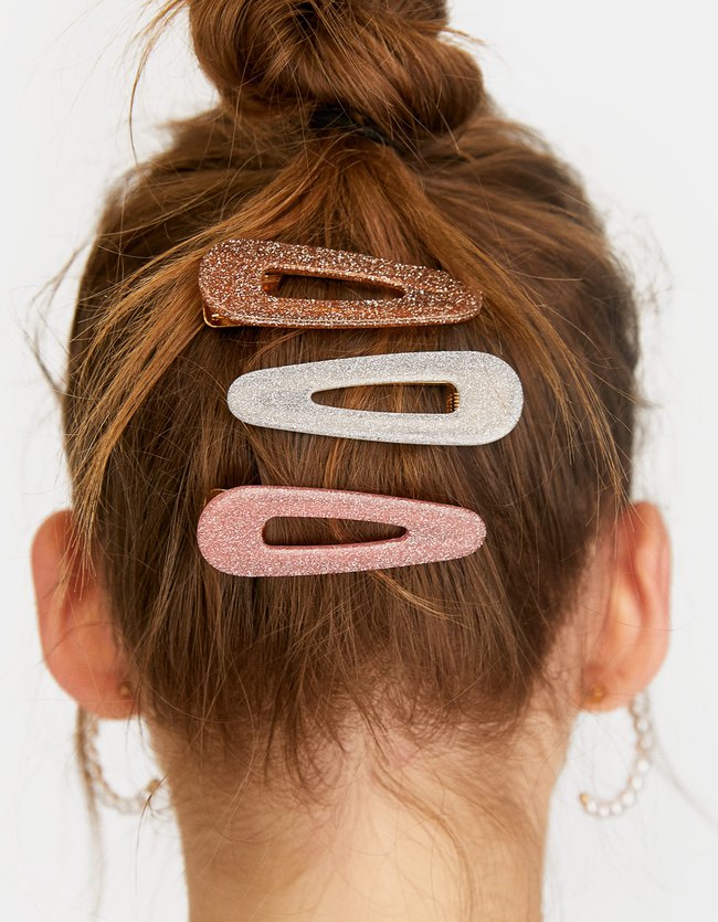 Stradivarius Set Van 3 Haarclips Met Glitter Dames Naturel Roze stradivarius kopen in de aanbieding