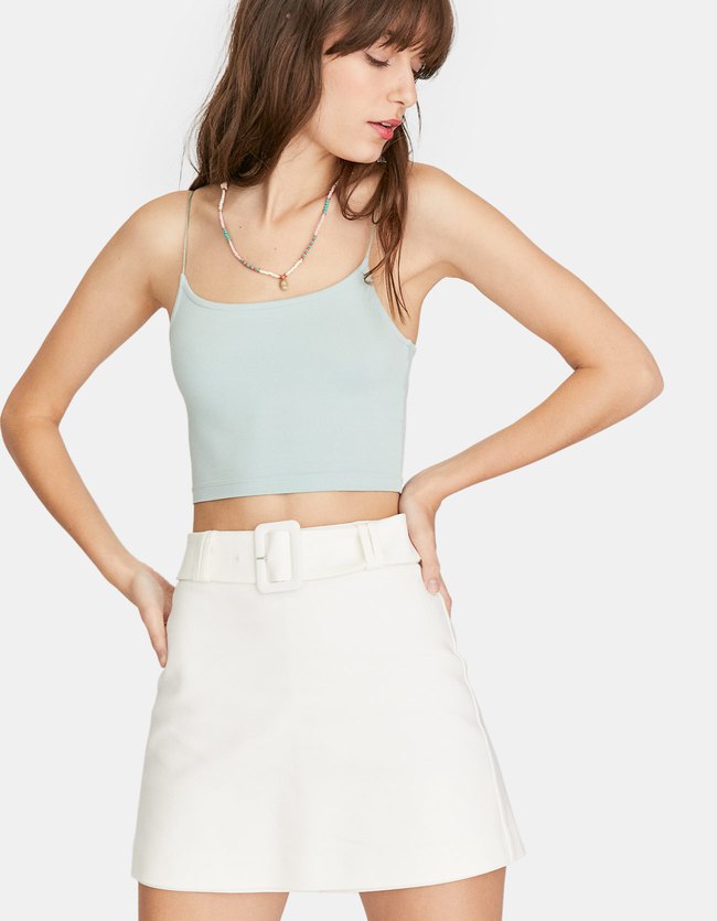 Stradivarius Shortrok Combinatie Met Stoffen Gesp Dames Ecru 34 stradivarius kopen in de aanbieding