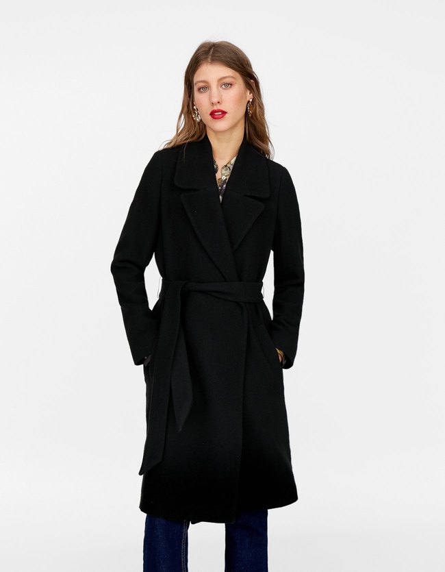 Stradivarius Wollen Jas Met Ceintuur Dames Zwart Xs stradivarius kopen in de aanbieding