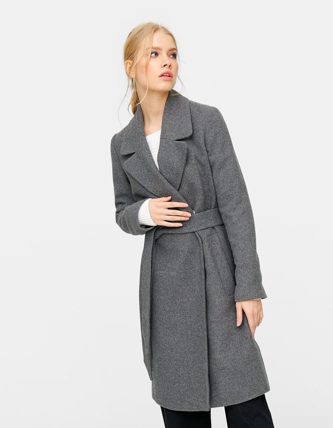 Stradivarius Wollen Jas Met Ceintuur Dames Donkergrijs stradivarius kopen in de aanbieding