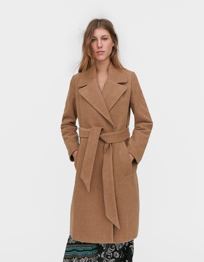 Stradivarius Wollen Jas Met Ceintuur Dames Beige Xs stradivarius kopen in de aanbieding