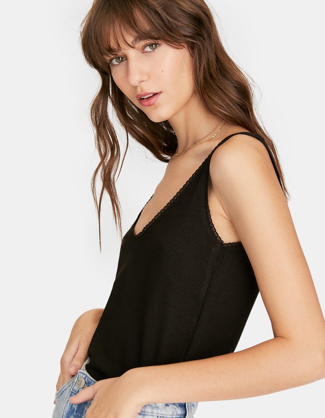 Stradivarius Singlet Met Crochet Dames Zwart stradivarius kopen in de aanbieding