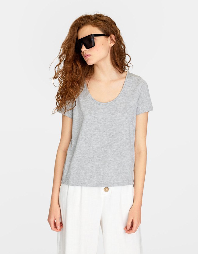 Stradivarius T Shirt Met Ronde Hals Dames Grijs Melange stradivarius kopen in de aanbieding