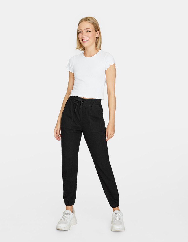 Stradivarius Joggingbroek Met Koord Dames Zwart stradivarius kopen in de aanbieding