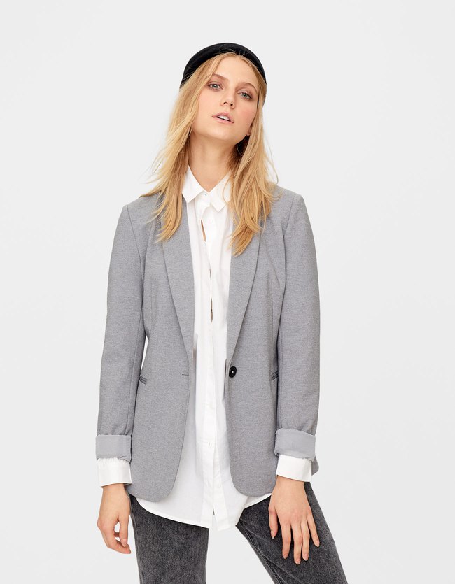 Stradivarius Tricot Blazer Dames Grijs Melange stradivarius kopen in de aanbieding