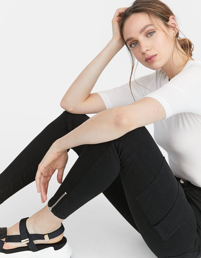 Stradivarius Skinny Cargobroek Dames Zwart 36 stradivarius kopen in de aanbieding