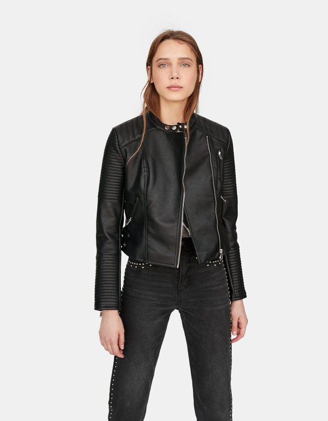 Stradivarius Leerlook Bikerjack Dames Zwart stradivarius kopen in de aanbieding
